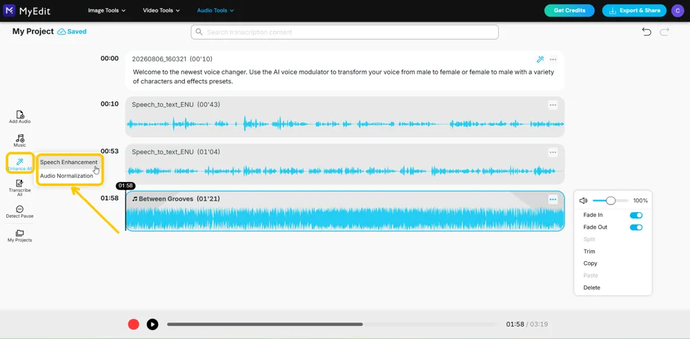 Enhance All highlighted in the rail with its Speech Enhancement and Audio Normalization options