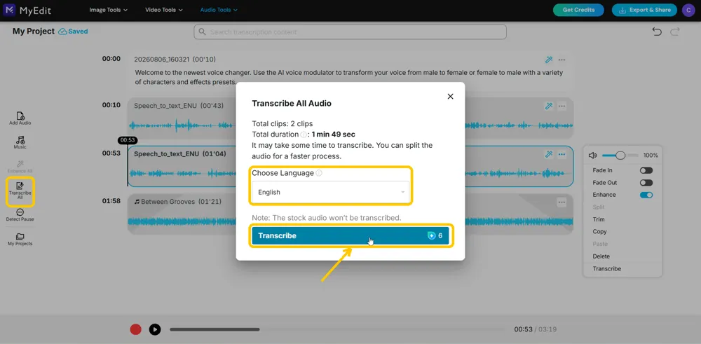 The Transcribe All Audio dialog with Transcribe All in the rail, Choose Language and the Transcribe button highlighted