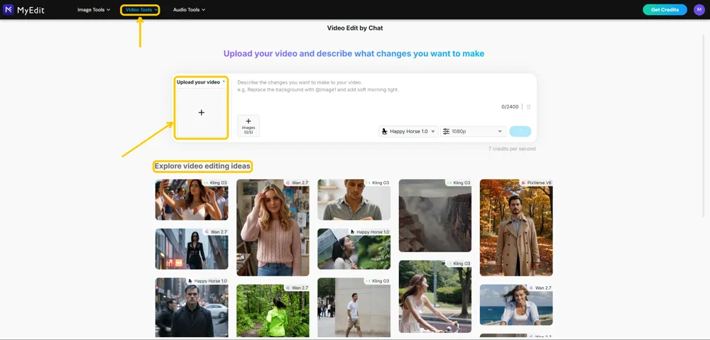 MyEdit's Video Edit by Chat screen with the Video Tools menu, the Upload your video box, and the Explore video editing ideas heading highlighted