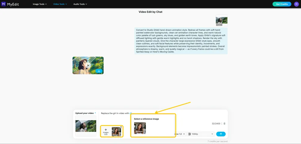 The images tile holding one attached photo, highlighted, next to the highlighted Select a reference image picker showing the same photo tagged image1
