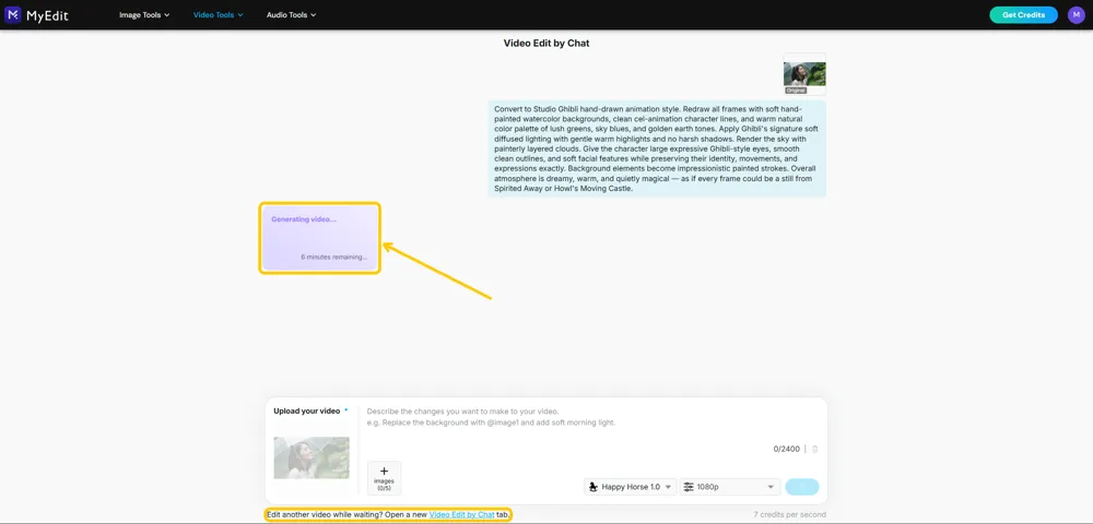 The Generating video tile highlighted with six minutes remaining, and the line offering a new Video Edit by Chat tab highlighted at the bottom of the page