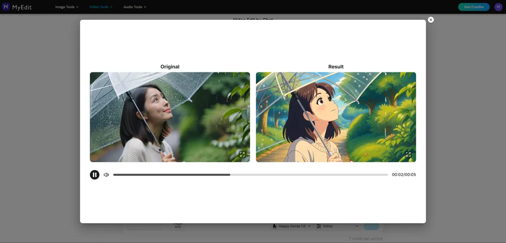 MyEdit playing the uploaded take labeled Original beside the animated version labeled Result, under one shared set of playback controls