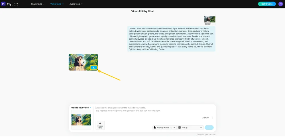 The finished animated clip in the conversation with its download icon highlighted