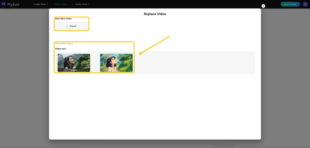 The Replace Video dialog with the Import button highlighted and the Video set 1 row highlighted, holding the original clip and the animated version