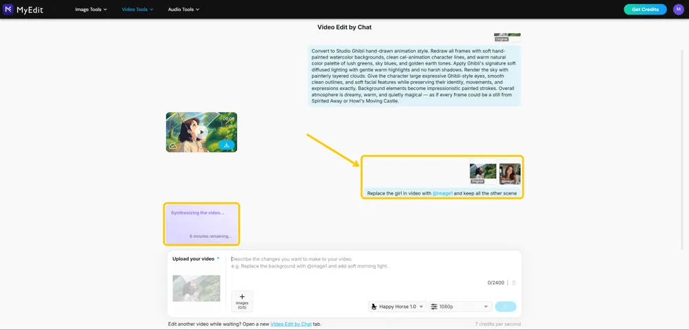 The conversation holding two rounds, with the second request card and its Synthesizing the video tile both highlighted