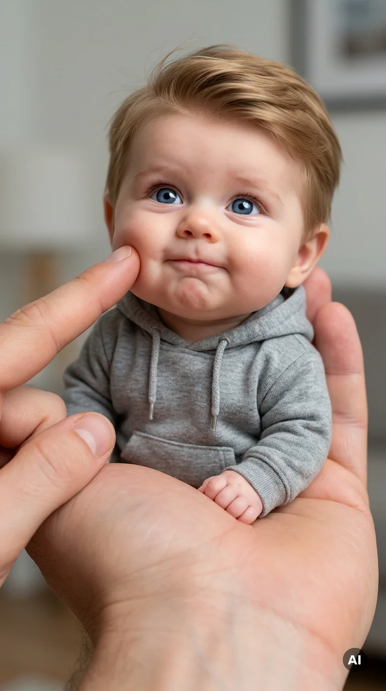 A baby with the same fair hair and blue eyes in a gray hoodie, sitting in a hand with a finger at the cheek