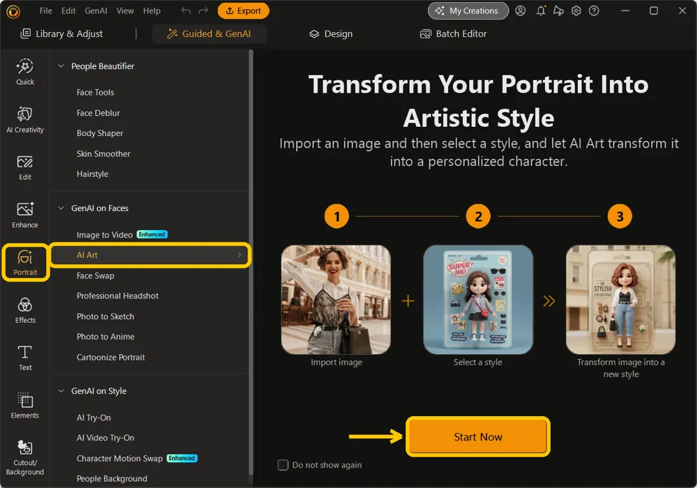 The Guided and GenAI mode with Portrait, AI Art and the Start Now button highlighted