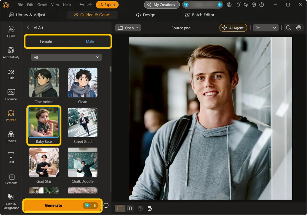 The AI Art panel with the Female and Male tabs, the Baby Face style and the Generate button highlighted