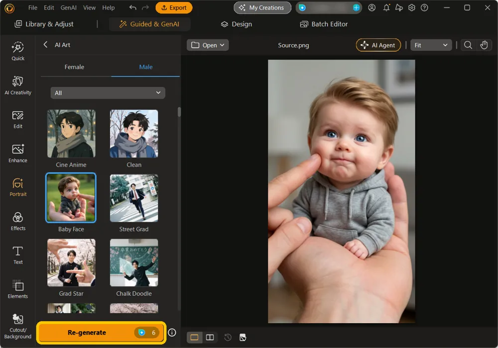 The Baby Face result on the canvas with the Re-generate button highlighted