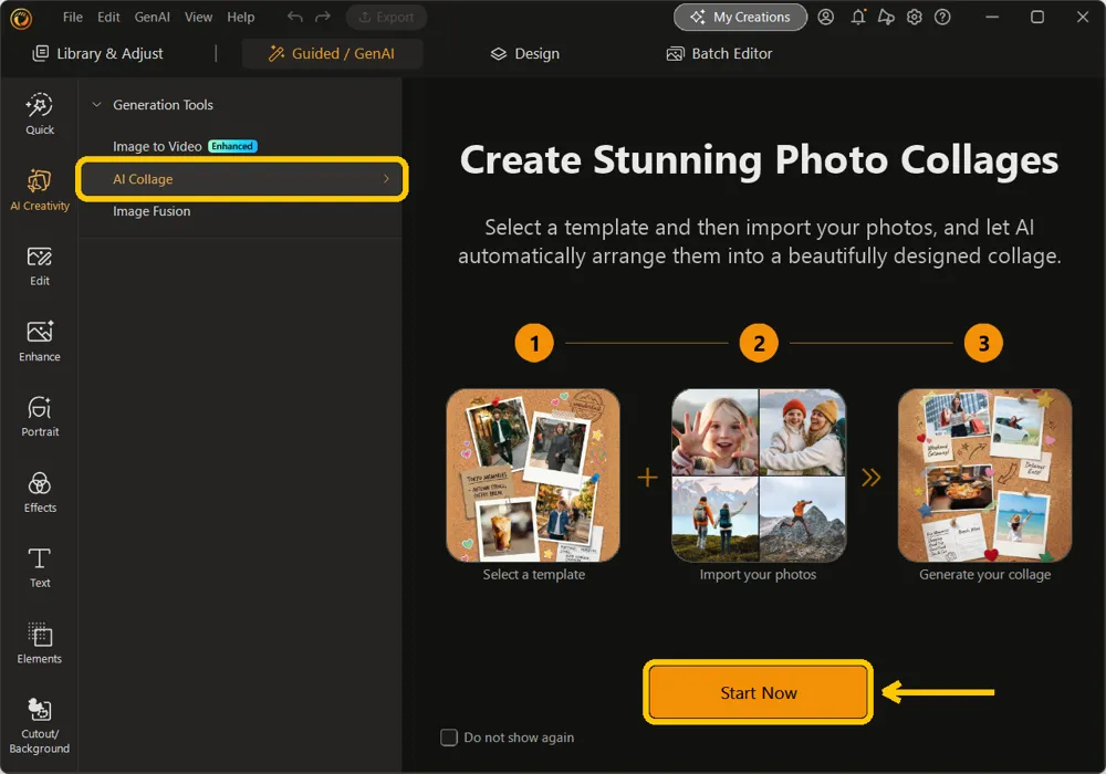 AI Collage welcome screen showing the three-step preview and the Start Now button, with AI Collage selected under Generation Tools