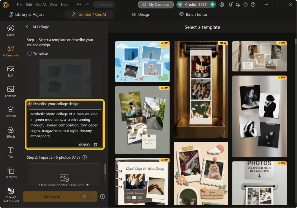 Describe your collage design selected, with a written prompt filled into the text box