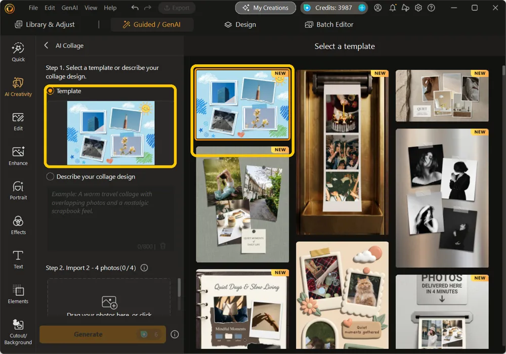 AI Collage panel with the Template option selected and a template chosen from the gallery