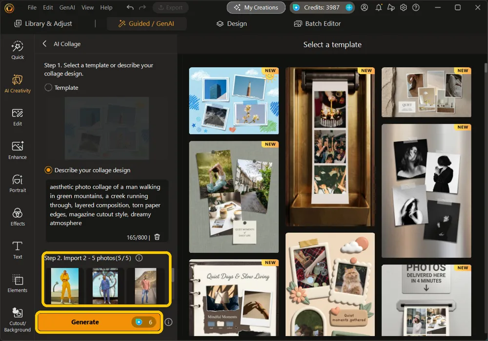 Step 2 import area with five photos added and the Generate button now active