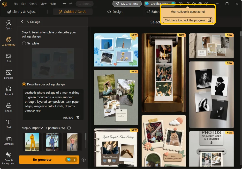Notice in the top right saying the collage is generating, with the button now reading Re-generate