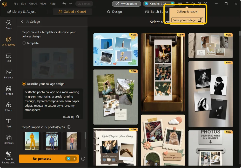 Notice in the top right saying Collage is ready, with a View your collage link