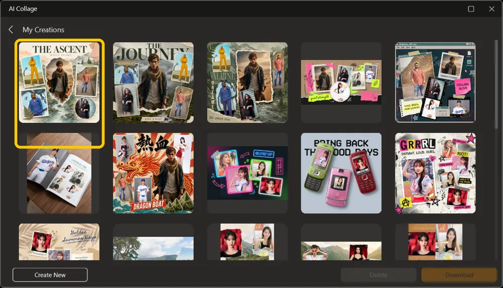 My Creations gallery with the newly generated collage highlighted in the first slot