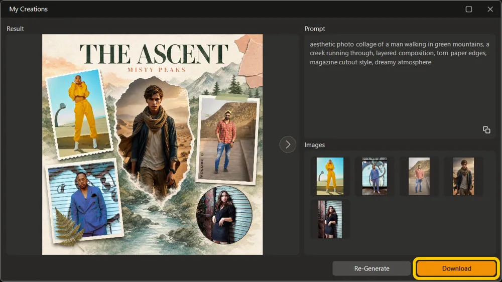 Full-size collage result with the prompt and source photos on the right and the Download button highlighted