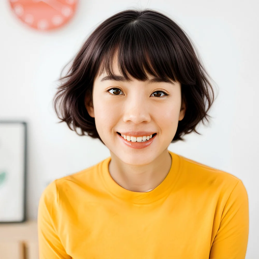The same portrait with a short layered bob and a fringe