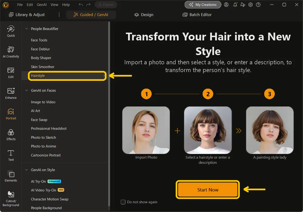 The Hairstyle tool selected under People Beautifier, with the Start Now button highlighted