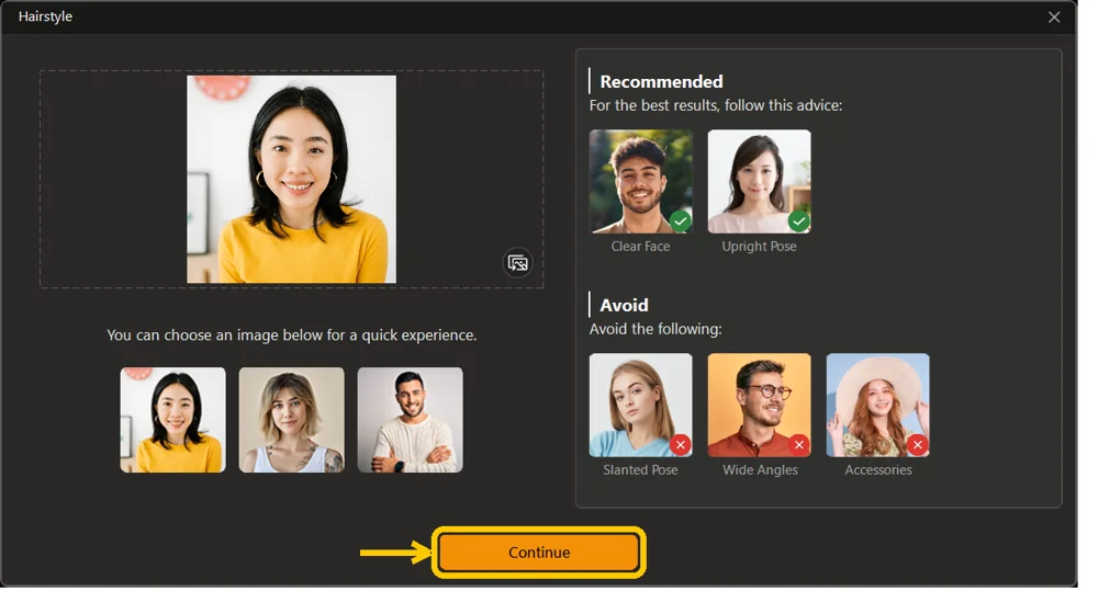 The import screen with a portrait loaded, sample images below, and the Continue button highlighted