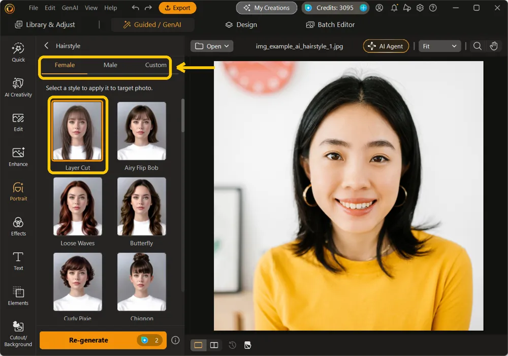 The Female tab open with a gallery of hairstyles and one style selected