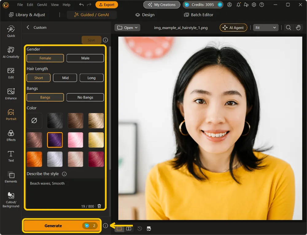The Custom tab with Gender, Hair Length, Bangs, Color and the description box highlighted, and Generate highlighted