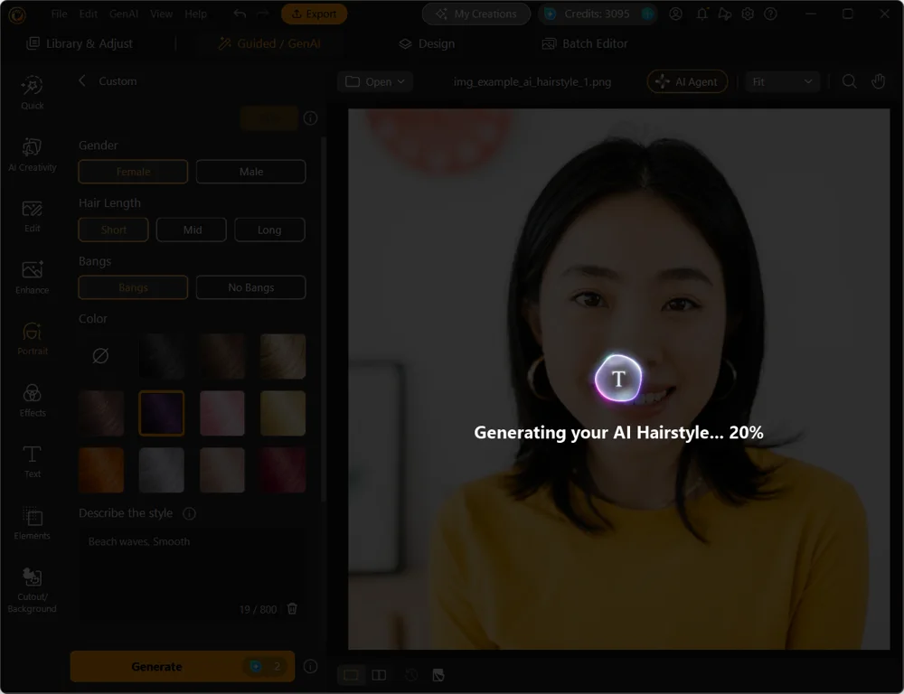 AI Hairstyle generating, with progress shown over the photo