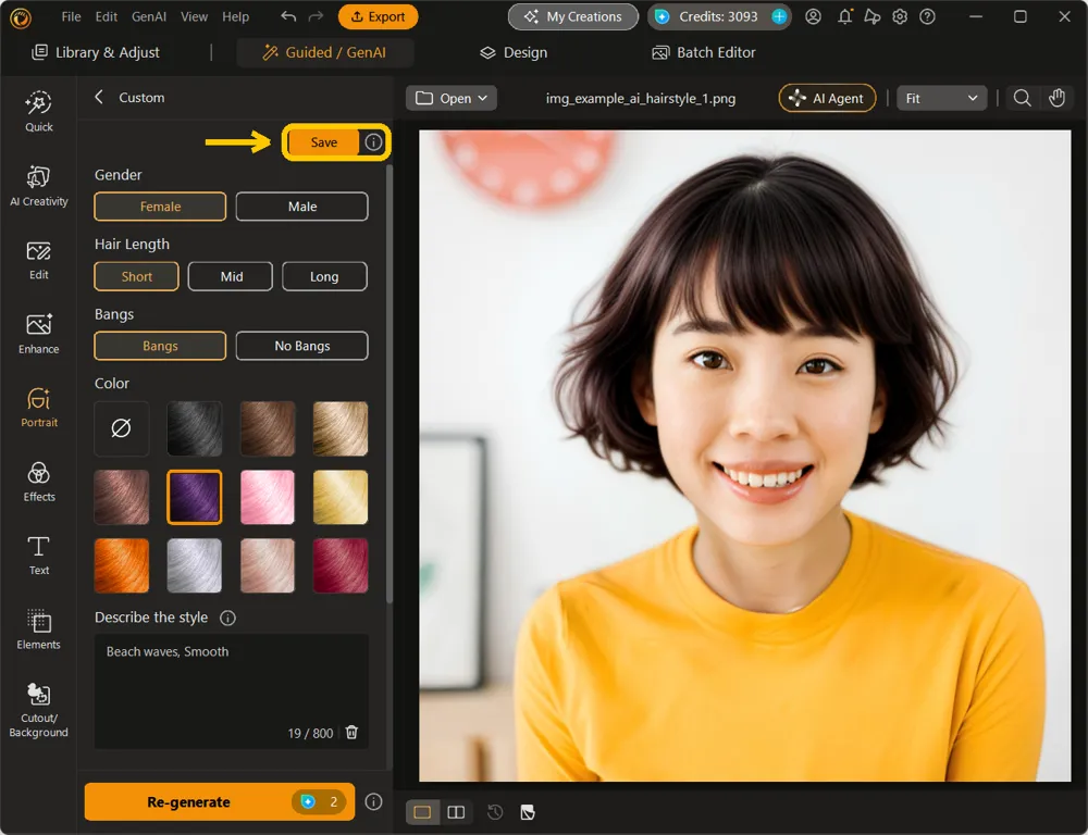 The finished hairstyle on the photo with the Save button highlighted