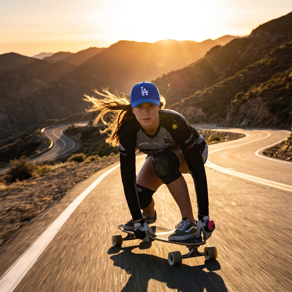 A generated photo of a longboarder wearing the same blue cap on a mountain road