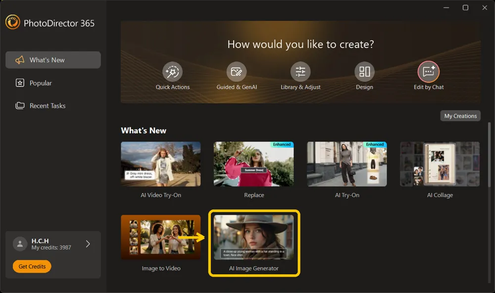 The PhotoDirector launcher with the AI Image Generator shortcut highlighted
