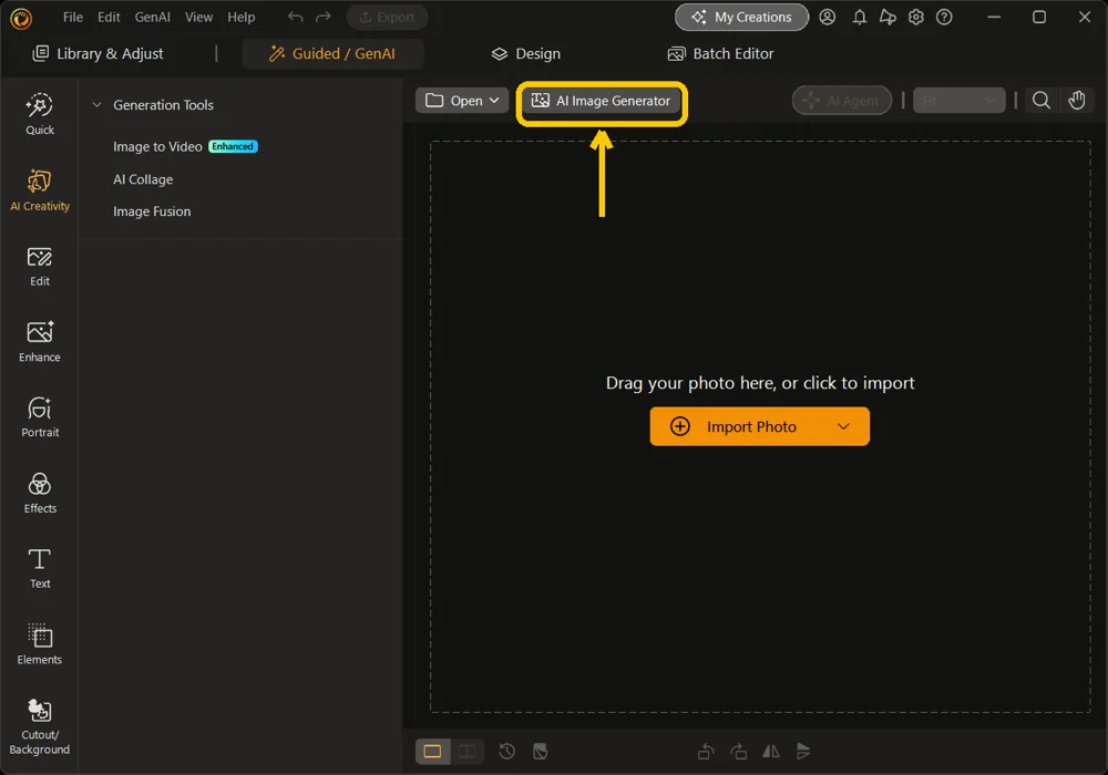 The Guided and GenAI toolbar with the AI Image Generator button highlighted