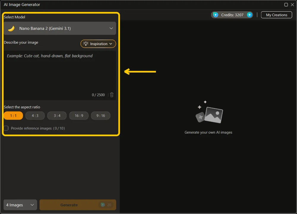 The AI Image Generator panel with the model, description, aspect ratio and reference options highlighted