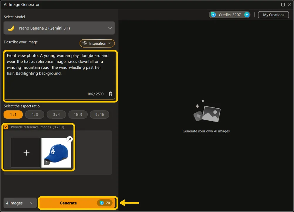 The brief written out, a reference photo attached, and the Generate button highlighted