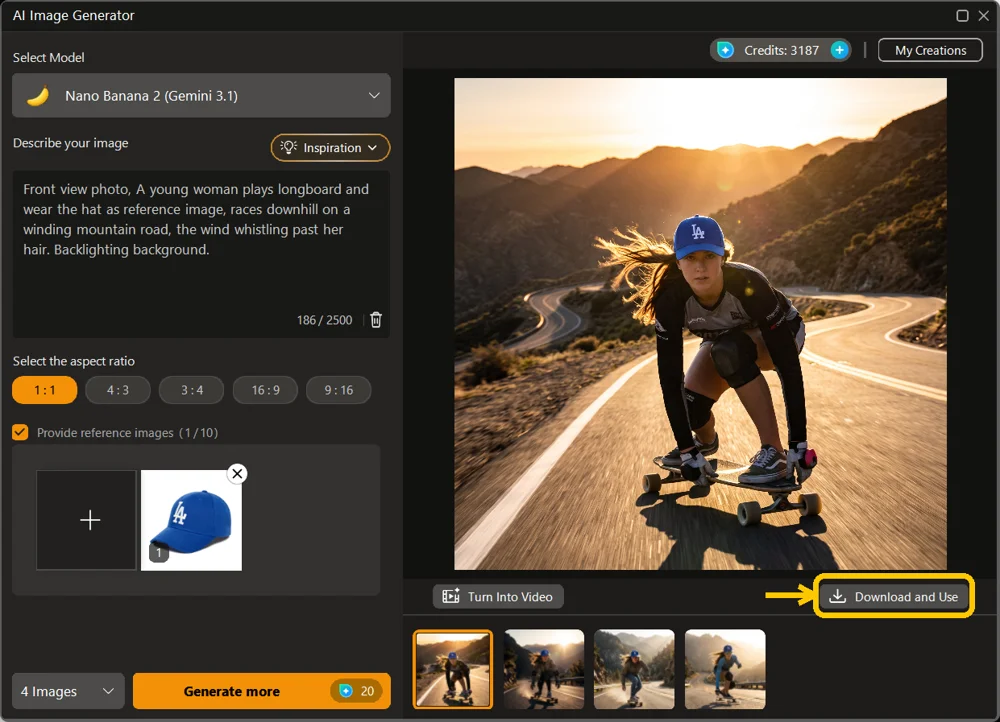 The finished generated image with variations below and the Download and Use button highlighted