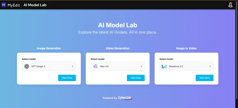 The AI Model Lab page showing three cards: Image Generation, Video Generation and Image to Video