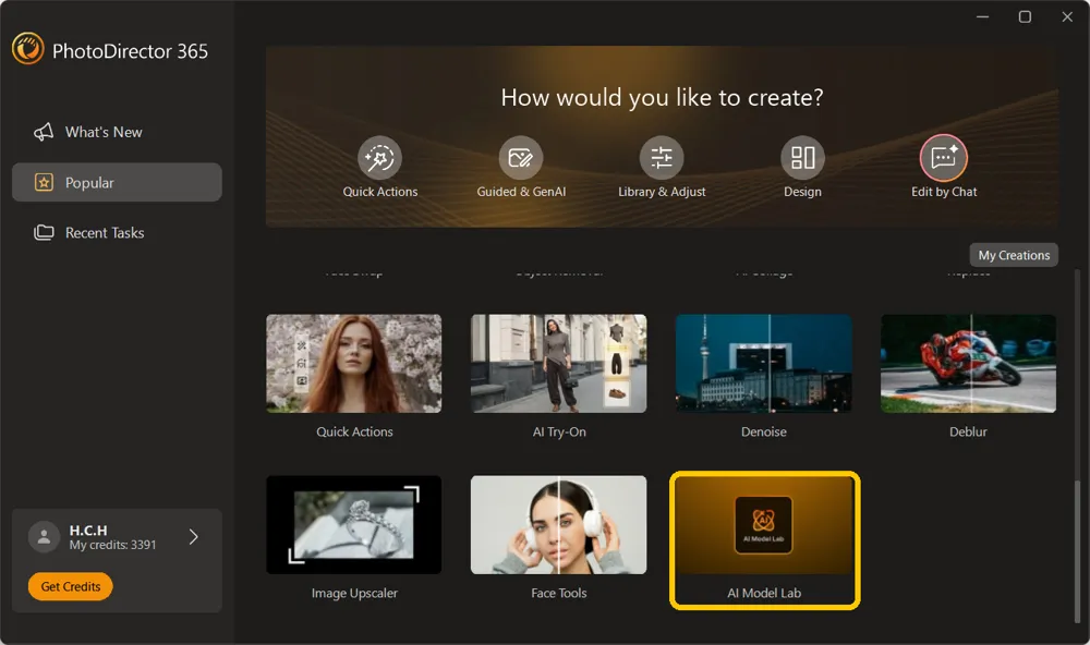 The PhotoDirector launcher on the Popular tab with the AI Model Lab tile highlighted