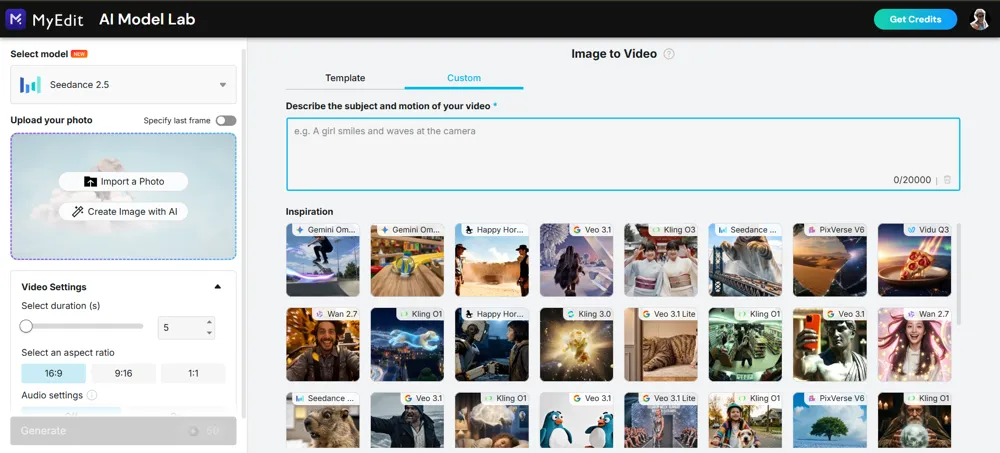 The image to video workspace with the photo upload area, duration slider and aspect ratio buttons