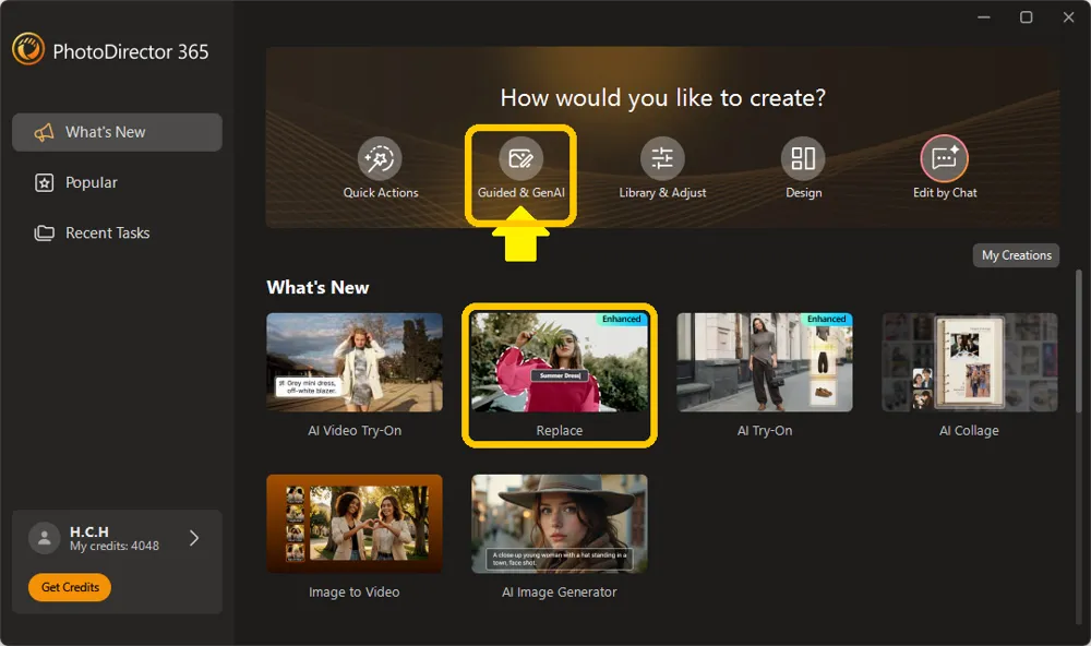 PhotoDirector 365 home screen with Guided & GenAI and the Replace card highlighted