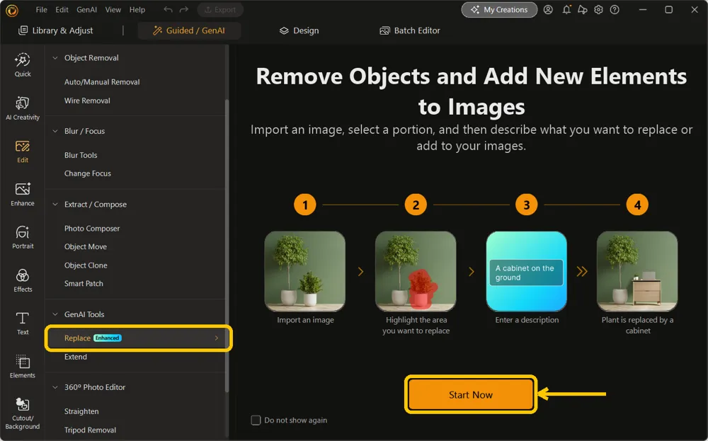 Replace welcome screen with the four-step preview, Replace selected under GenAI Tools, and the Start Now button