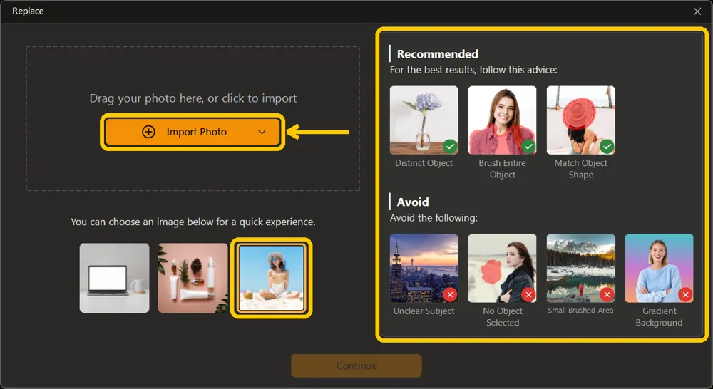 Replace import screen with the Import Photo button, a selected sample image, and the Recommended and Avoid guidance panel