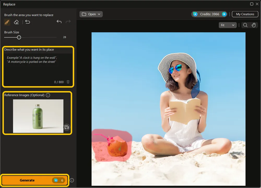Reference Images panel with a juice bottle photo attached, the empty description box above it, and the Generate button now active with its credit cost shown on it