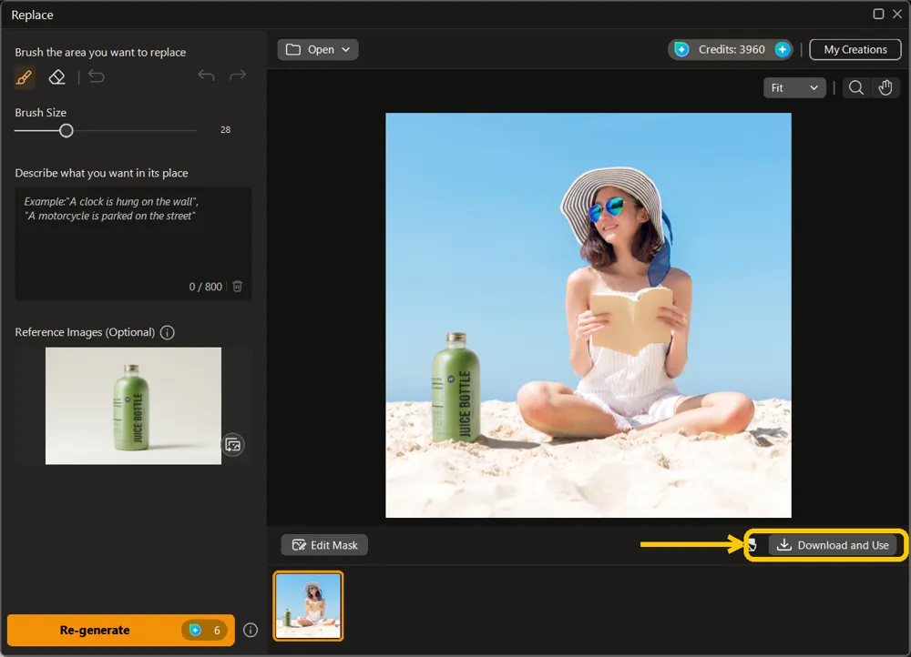 Replace result showing the juice bottle in place of the coconut drink, with the Download and Use button highlighted