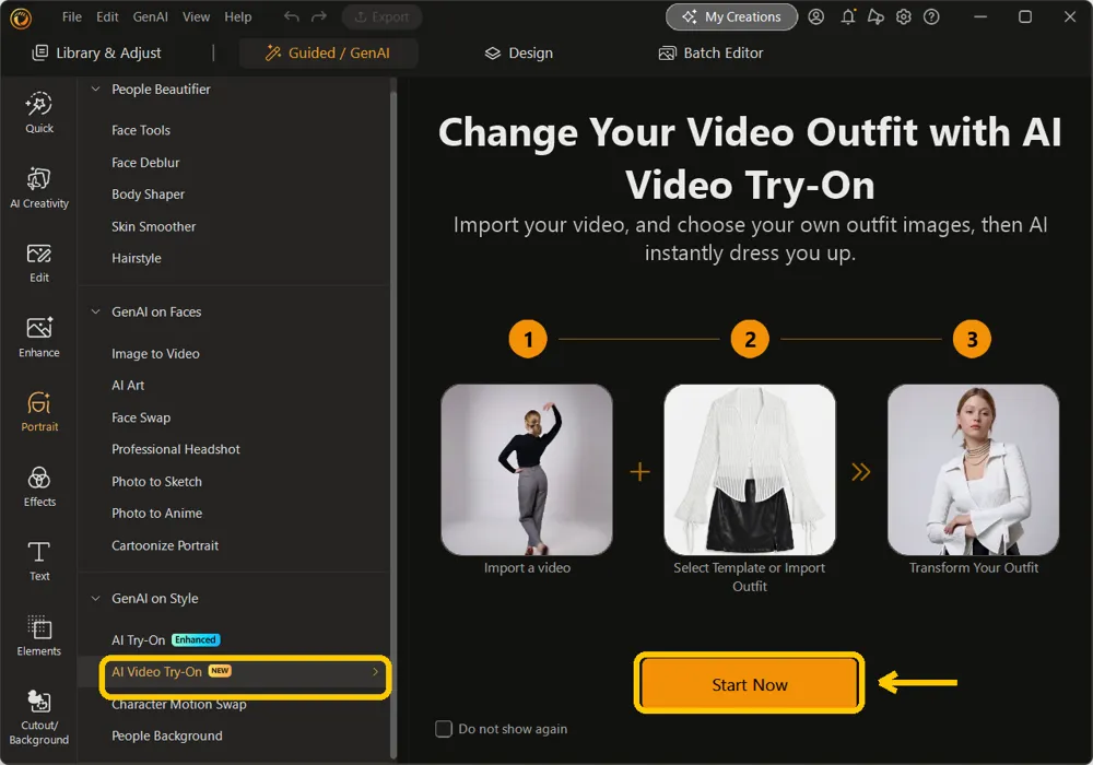 AI Video Try-On selected under GenAI on Style with the Start Now button highlighted
