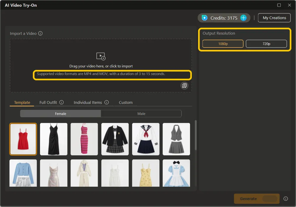 The empty video drop area showing the format limits, with Output Resolution highlighted