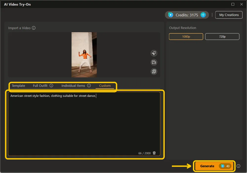 The Custom tab with a written outfit description and the Generate button highlighted
