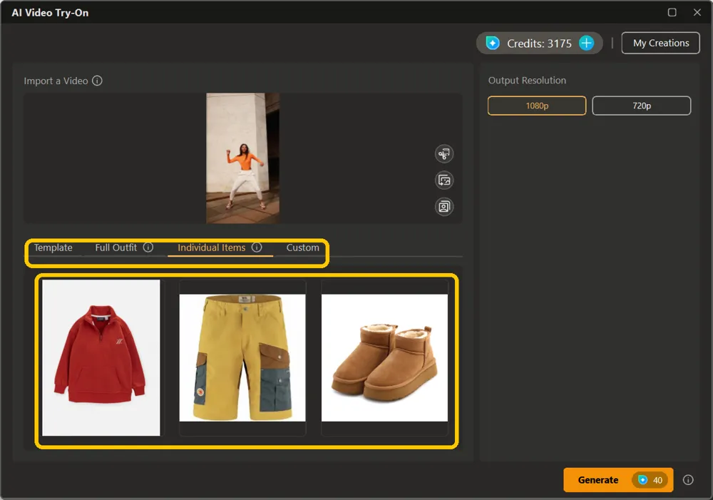 The Individual Items tab with a top, trousers and boots loaded into three separate slots