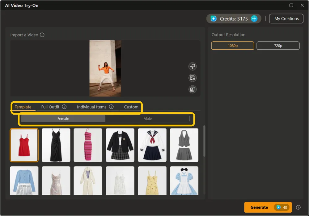 The Template tab with the outfit gallery and the Female and Male toggle highlighted