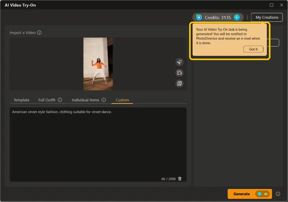 The message confirming the task is generating and a notification will follow
