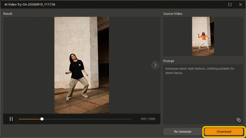 A finished clip playing beside its source video and prompt, with the Download button highlighted