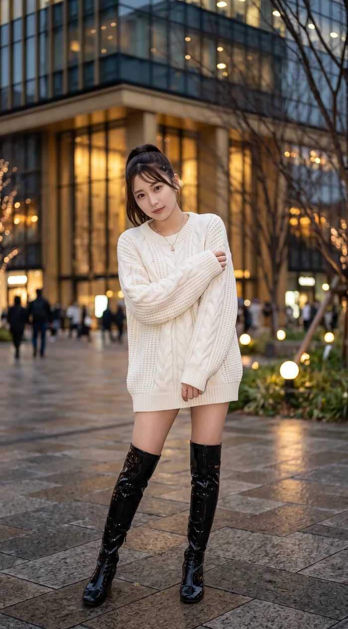 A photo of a woman standing on a street at dusk with her arms folded